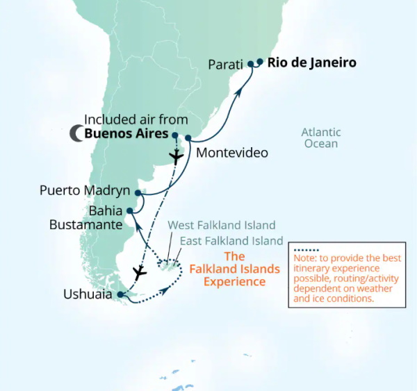 Carte de l’itinéraire Seabourn Venture, Ushuaia, Argentine → Rio de Janeiro, Brésil