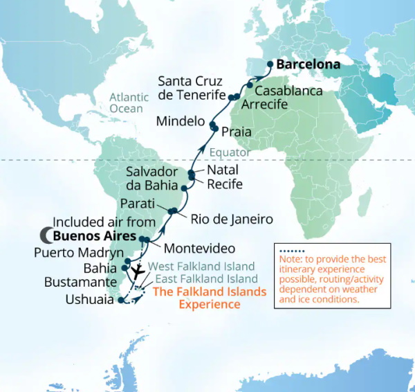 Carte de l’itinéraire Seabourn Venture, Ushuaia, Argentine → Barcelone, Espagne