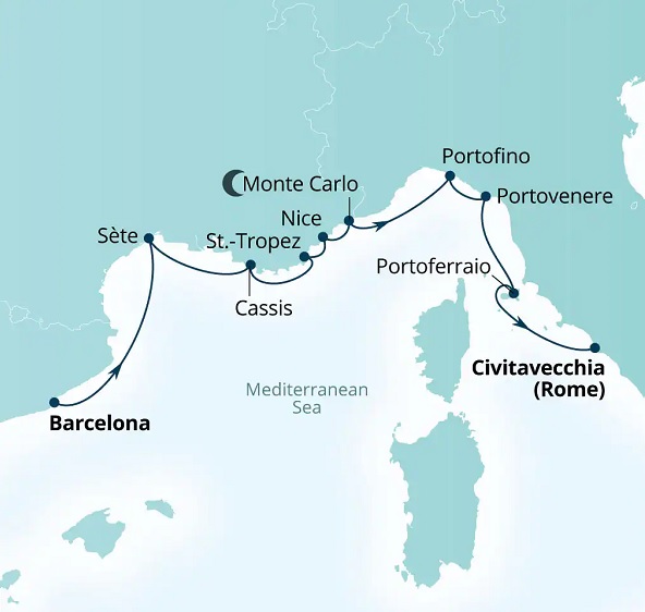 Carte de l’itinéraire Seabourn Venture, Barcelone, Espagne → Civitavecchia (Rome), Italie