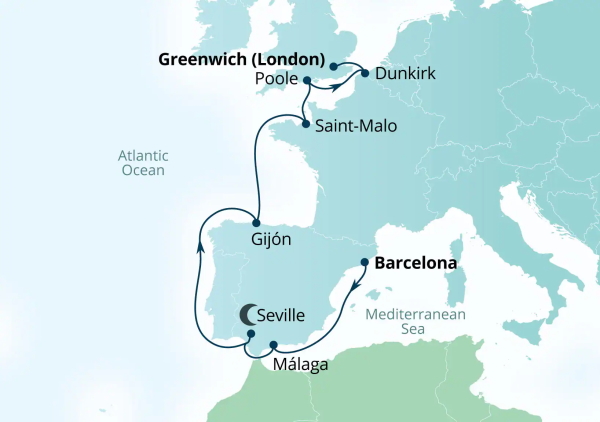 Carte de l’itinéraire Seabourn Venture, Barcelone, Espagne → Greenwich (Londres), Angleterre, United