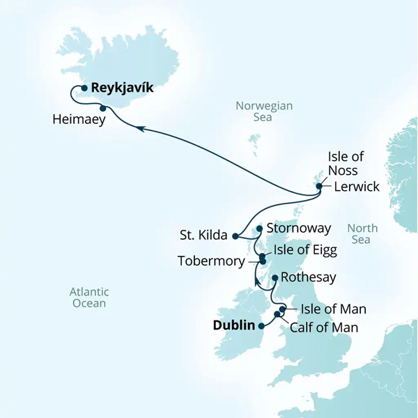 Carte de l’itinéraire Seabourn Venture, Dublin, Irlande → Reykjavík, Islande