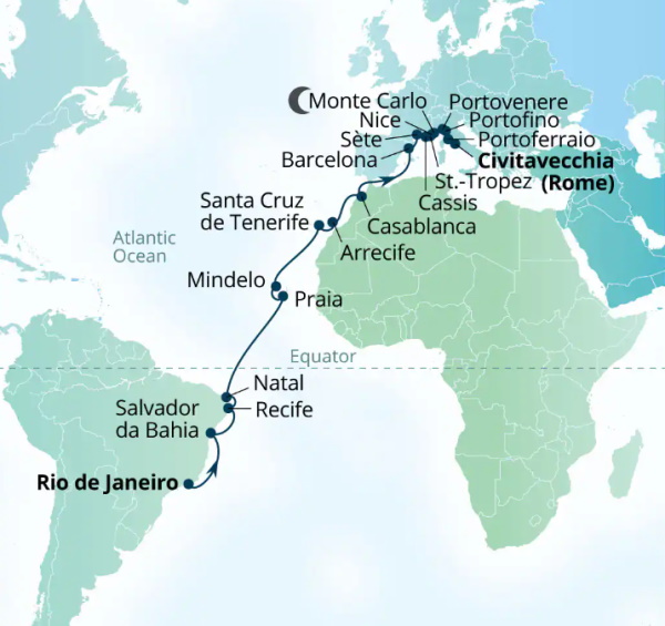 Carte de l’itinéraire Seabourn Venture, Rio de Janeiro, Brésil → Civitavecchia (Rome), Italie