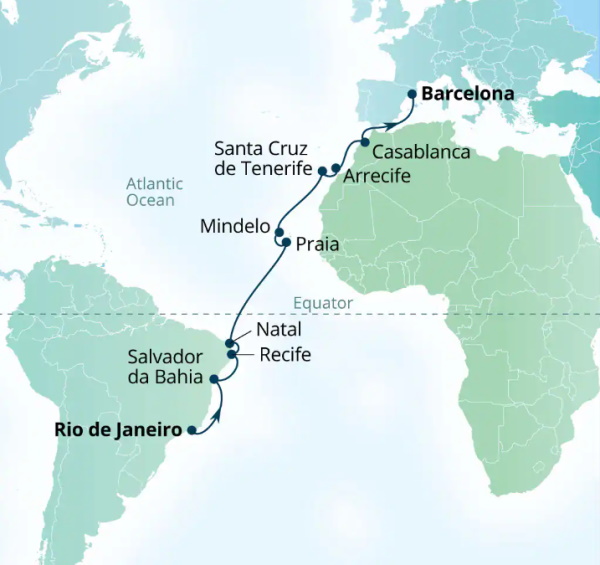 Carte de l’itinéraire Seabourn Venture, Rio de Janeiro, Brésil → Barcelone, Espagne