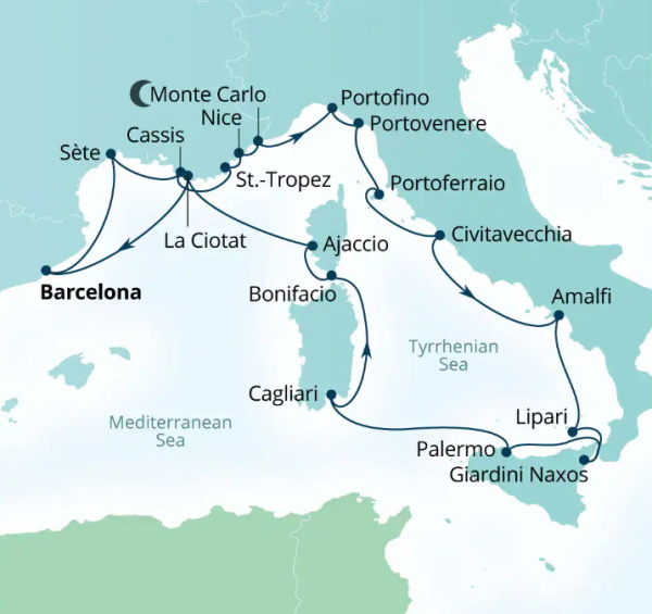 Carte de l’itinéraire Seabourn Venture, Barcelone, Espagne → Barcelone, Espagne