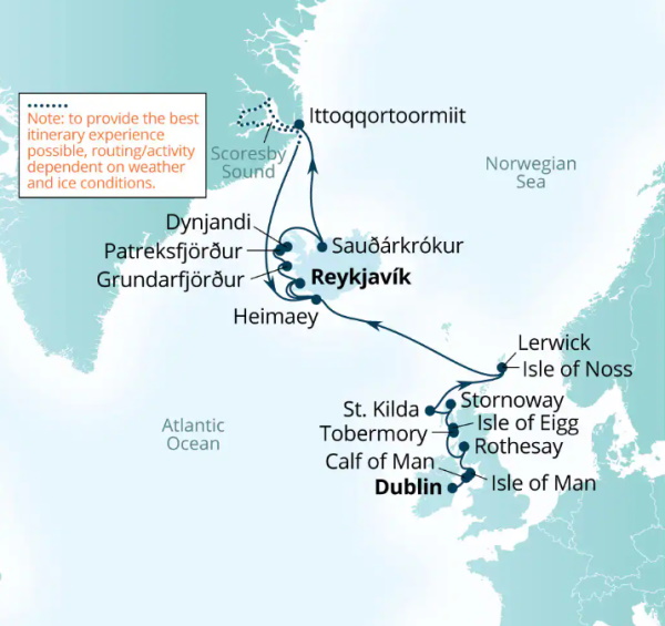 Carte de l’itinéraire Seabourn Venture, Dublin, Irlande → Reykjavík, Islande