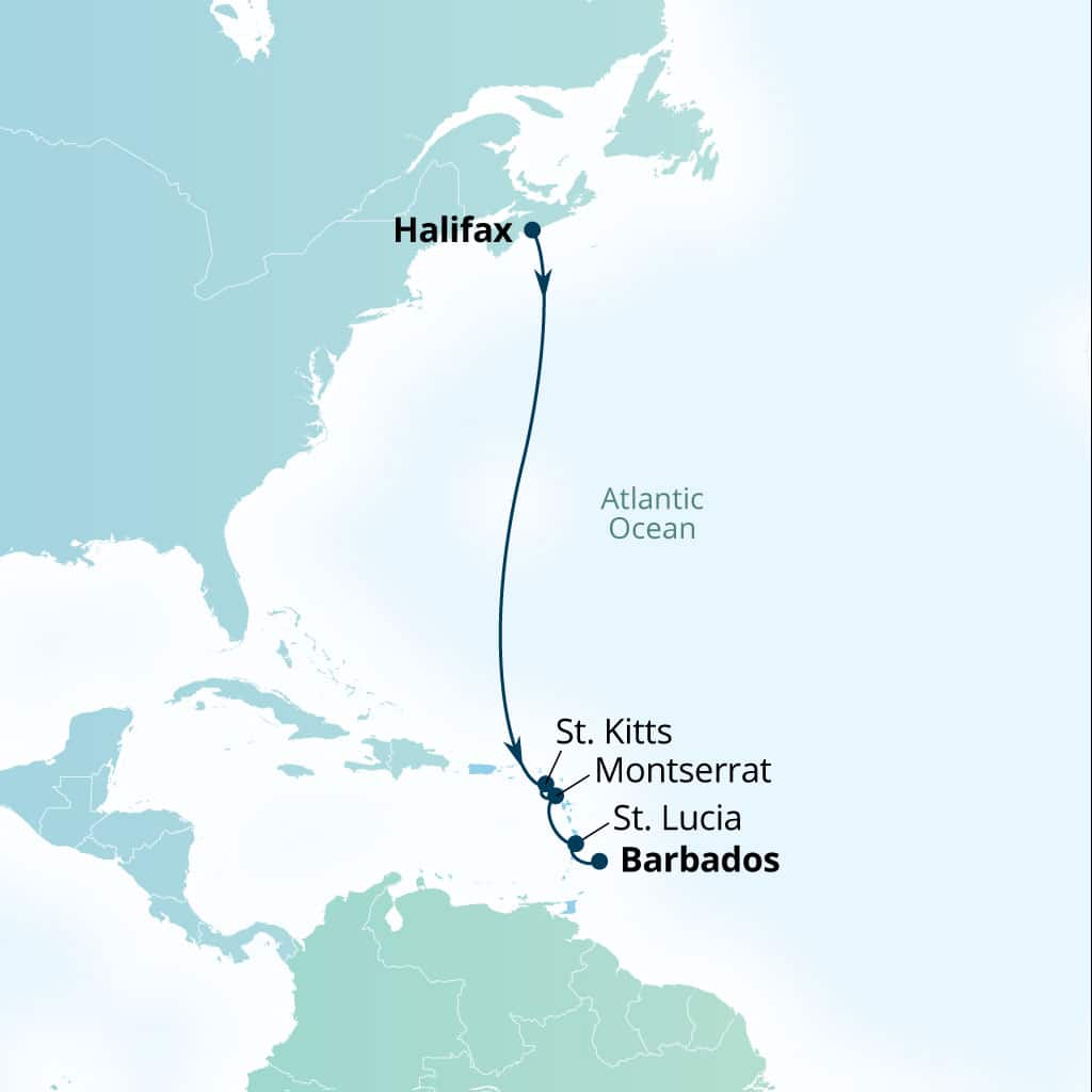 Carte de l’itinéraire Seabourn Venture, Halifax, Nova Scotia, Canada → Bridgetown, Barbados