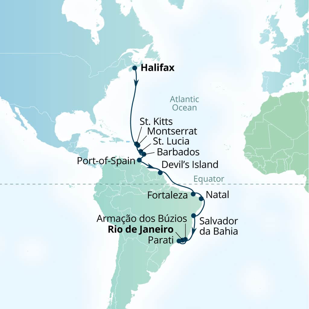 Carte de l’itinéraire Seabourn Venture, Halifax, Nova Scotia, Canada → Rio de Janeiro, Brésil