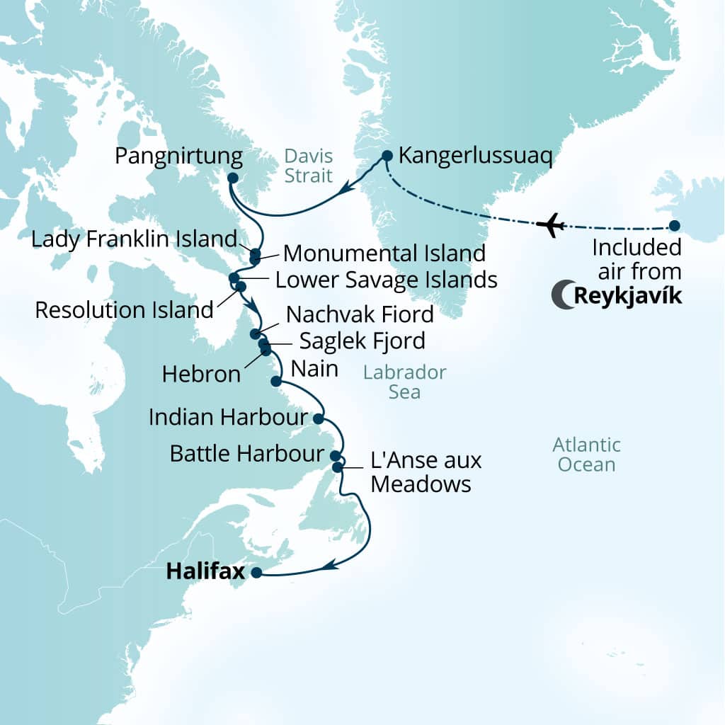 Carte de l’itinéraire Seabourn Venture, Reykjavík, Islande → Halifax, Nova Scotia, Canada