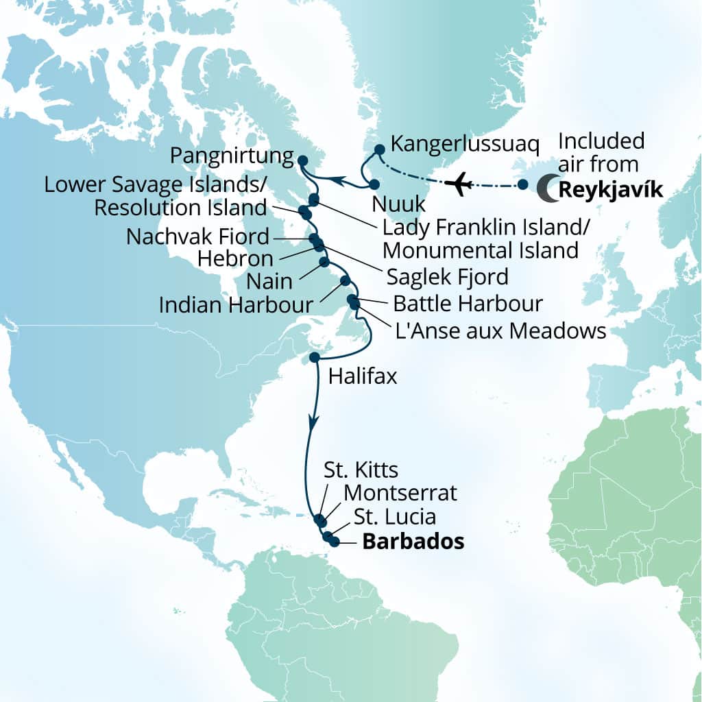 Carte de l’itinéraire Seabourn Venture, Reykjavík, Islande → Bridgetown, Barbados