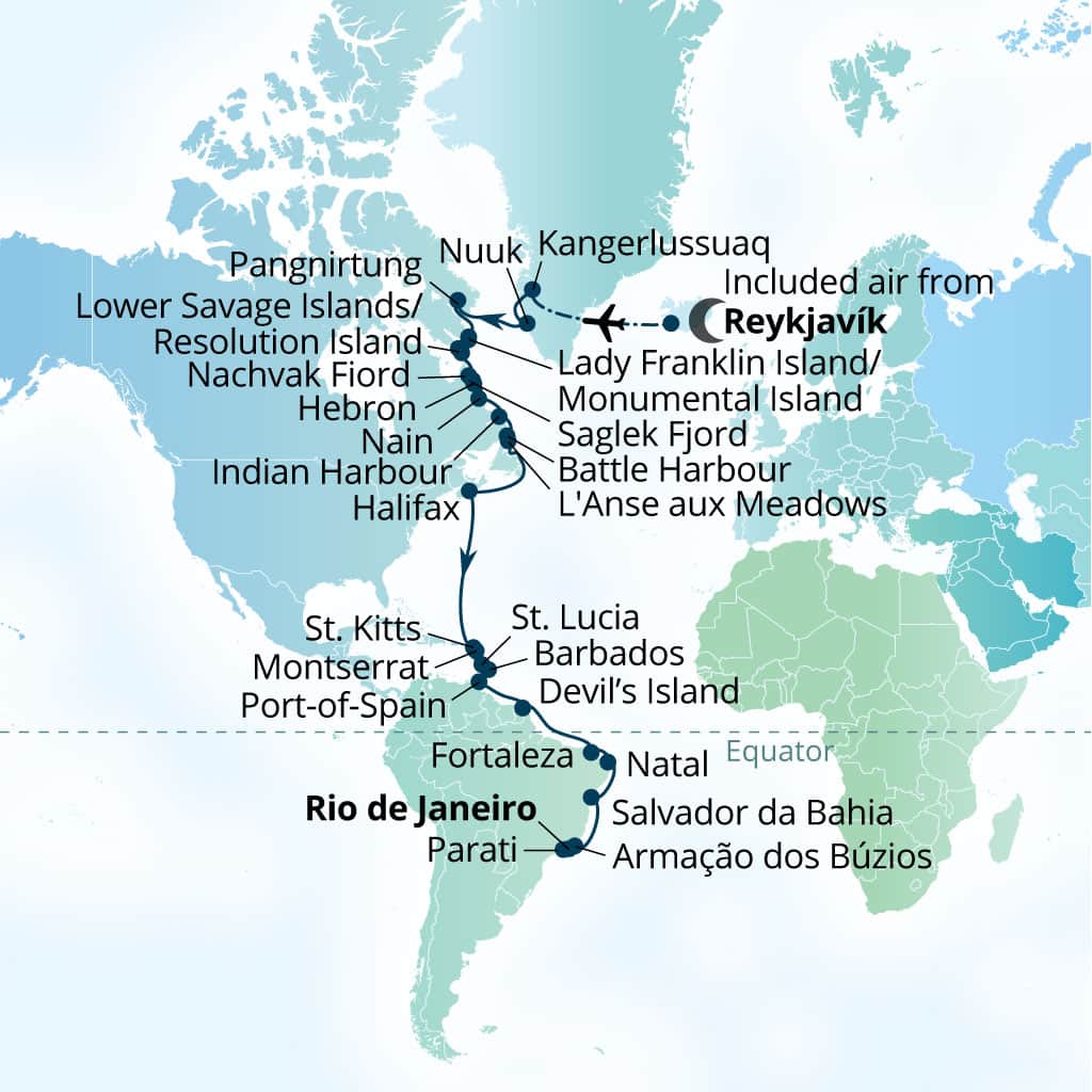 Carte de l’itinéraire Seabourn Venture, Reykjavík, Islande → Rio de Janeiro, Brésil