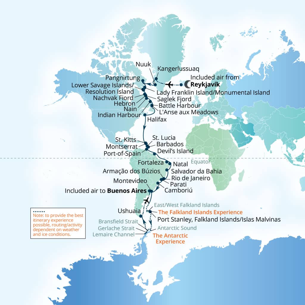 Carte de l’itinéraire Seabourn Venture, Reykjavík, Islande → EZEIZA INTERNATIONAL AIRPORT