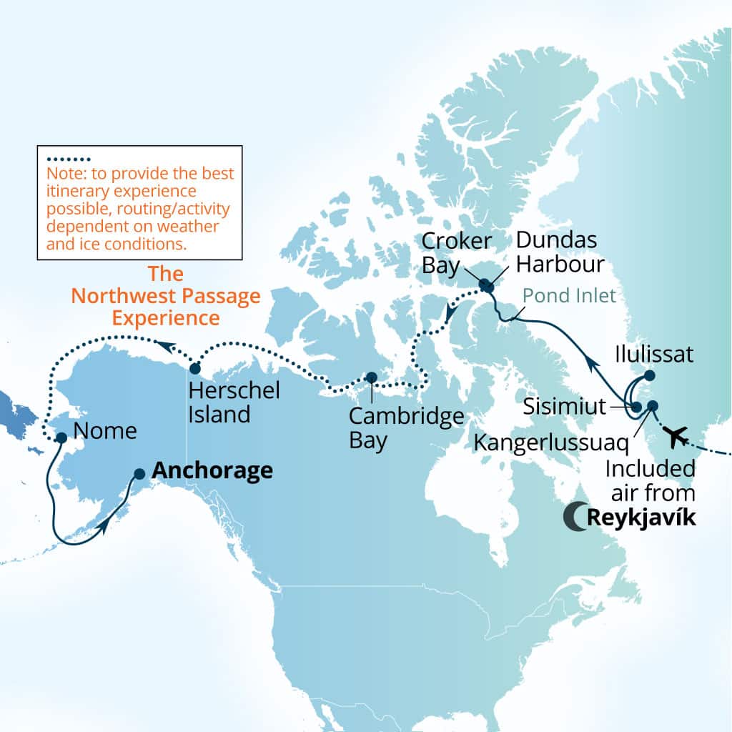 Carte de l’itinéraire Seabourn Venture, Reykjavík, Islande → Anchorage, Alaska, États-Unis