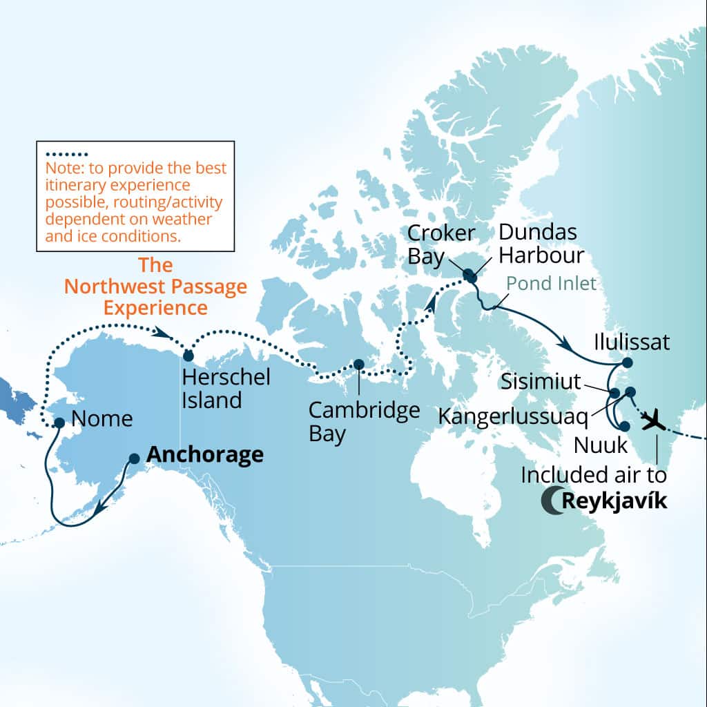 Carte de l’itinéraire Seabourn Venture, Anchorage, Alaska, États-Unis → Reykjavík, Islande