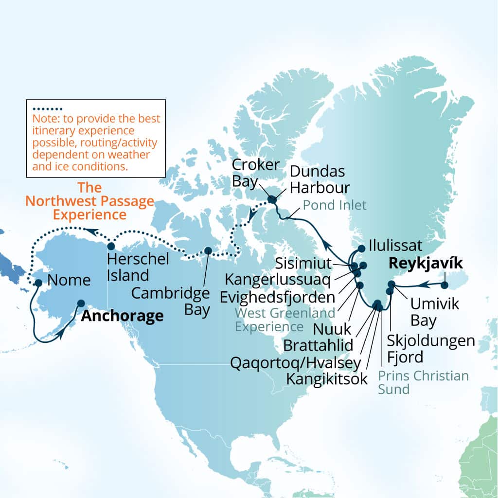 Carte de l’itinéraire Seabourn Venture, Reykjavík, Islande → Anchorage, Alaska, États-Unis