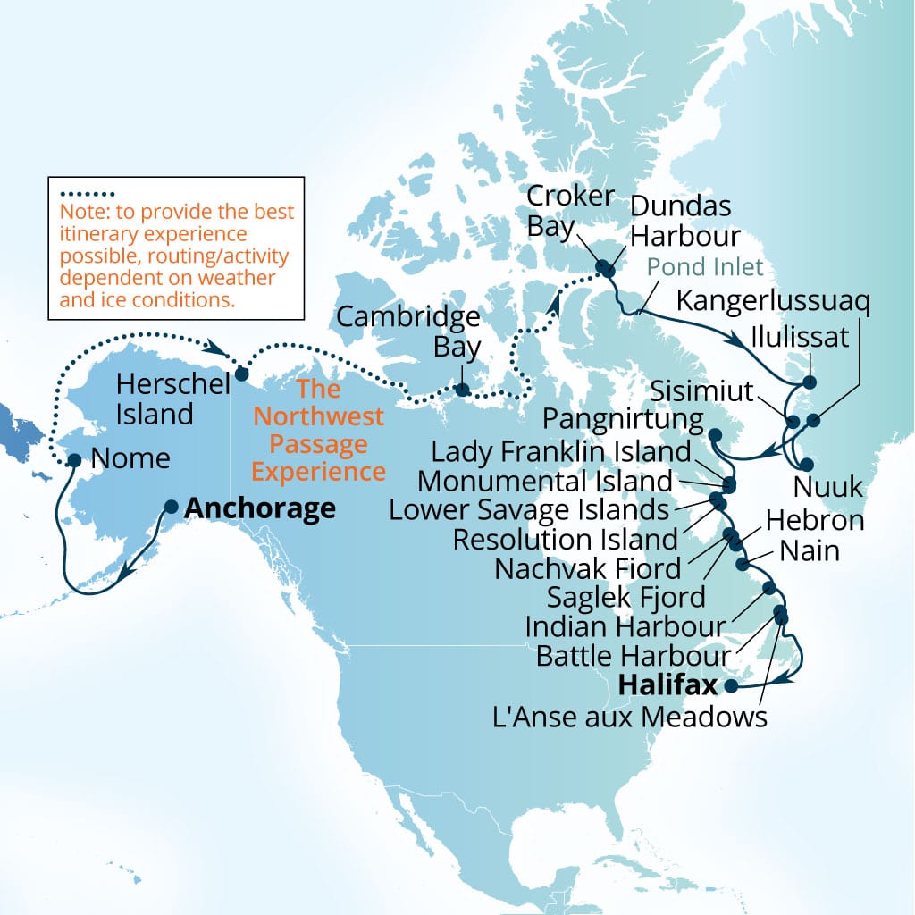 Carte de l’itinéraire Seabourn Venture, Anchorage, Alaska, États-Unis → Halifax, Nova Scotia, Canada