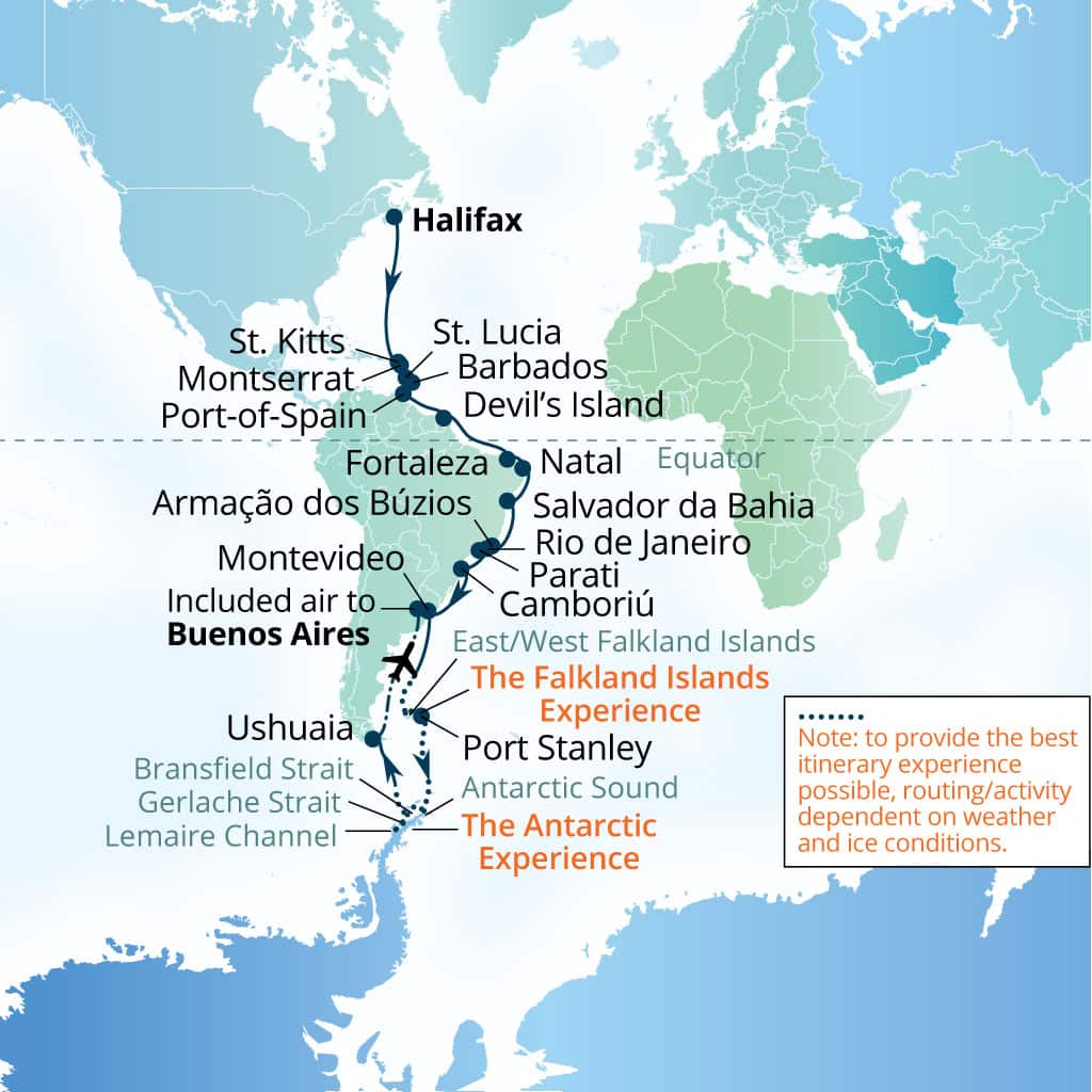 Carte de l’itinéraire Seabourn Venture, Halifax, Nova Scotia, Canada → EZEIZA INTERNATIONAL AIRPORT