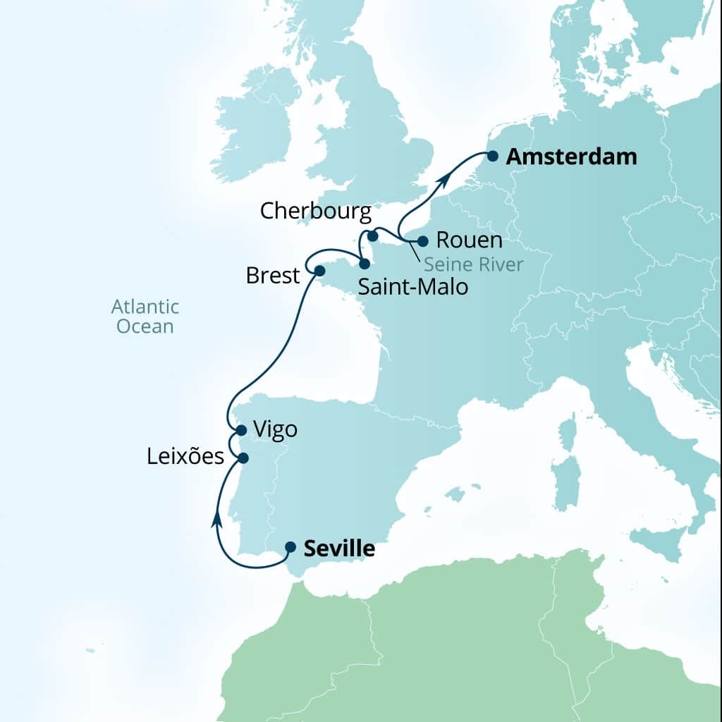 Carte de l’itinéraire Seabourn Venture, Séville, Espagne → Amsterdam, Pays-Bas
