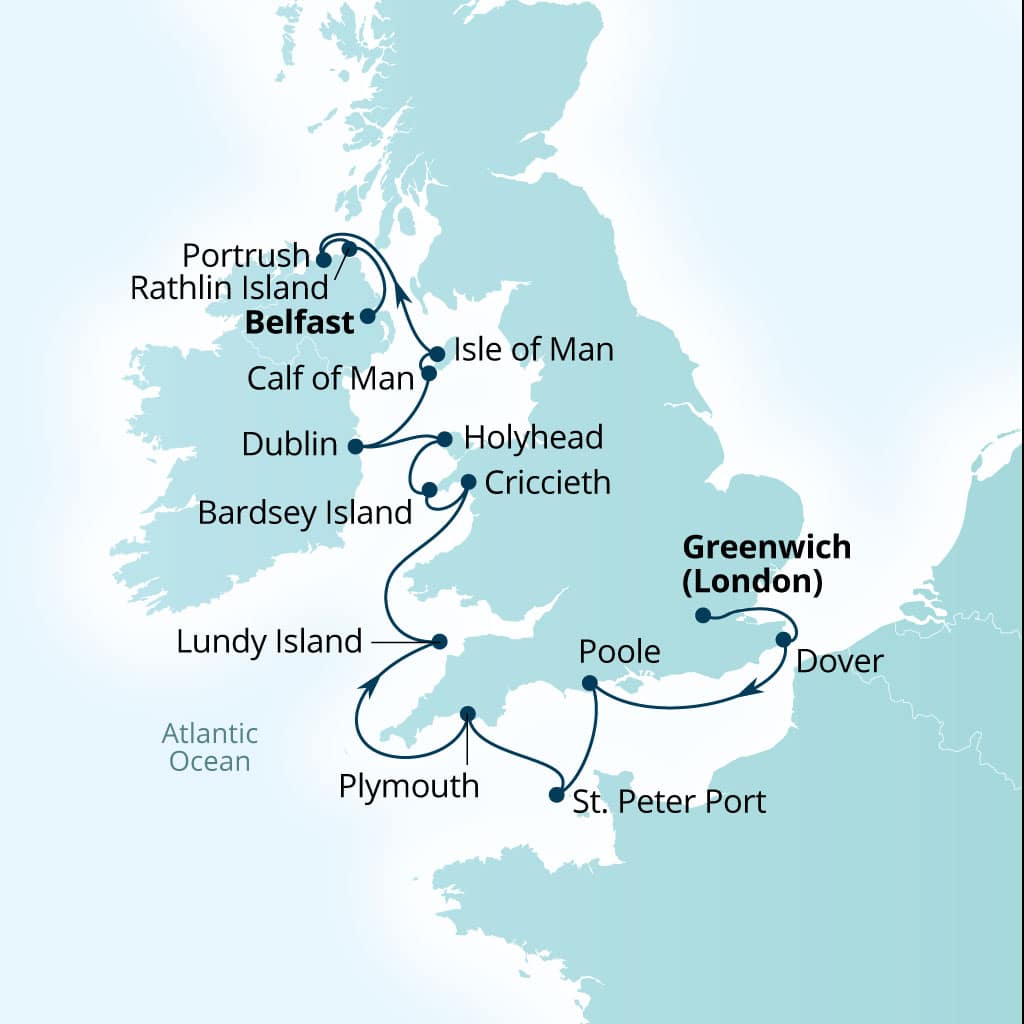 Carte de l’itinéraire Seabourn Venture, Greenwich (Londres), Angleterre, Royaume-Uni → Belfast, Northern Irlande, Royaume-Uni
