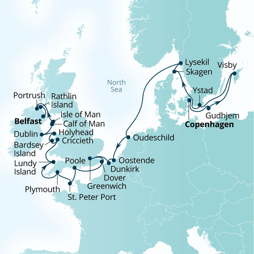 Carte de l’itinéraire Seabourn Venture, Copenhague, Danemark → Belfast, Northern Irlande, Royaume-Uni