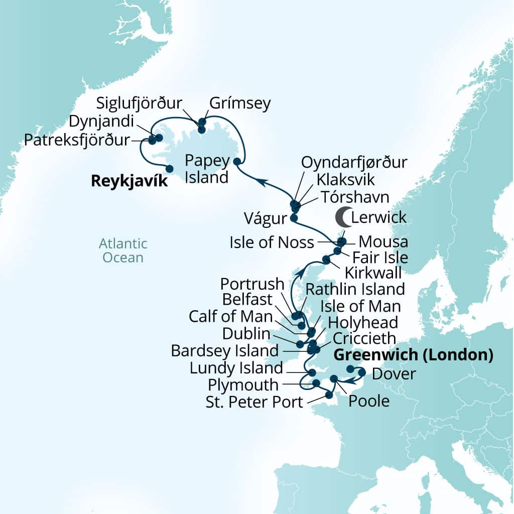 Carte de l’itinéraire Seabourn Venture, Greenwich (Londres), Angleterre, Royaume-Uni → Reykjavík, Islande