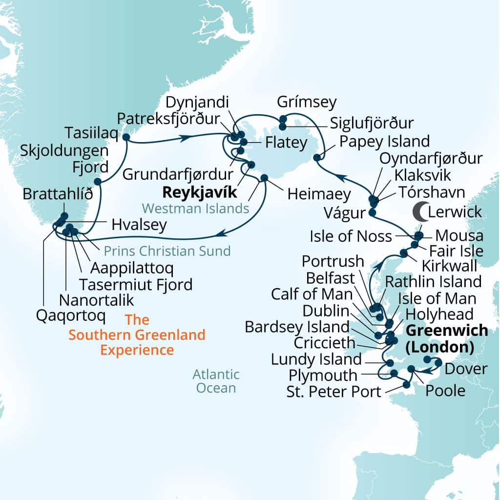 Carte de l’itinéraire Seabourn Venture, Greenwich (Londres), Angleterre, Royaume-Uni → Reykjavík, Islande