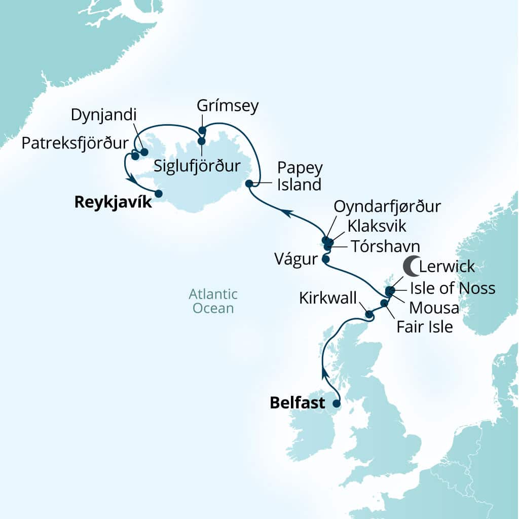 Carte de l’itinéraire Seabourn Venture, Belfast, Northern Irlande, Royaume-Uni → Reykjavík, Islande