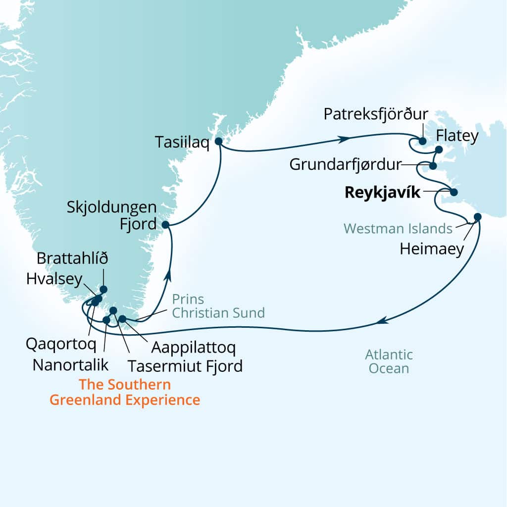 Carte de l’itinéraire Seabourn Venture, Reykjavík, Islande → Reykjavík, Islande