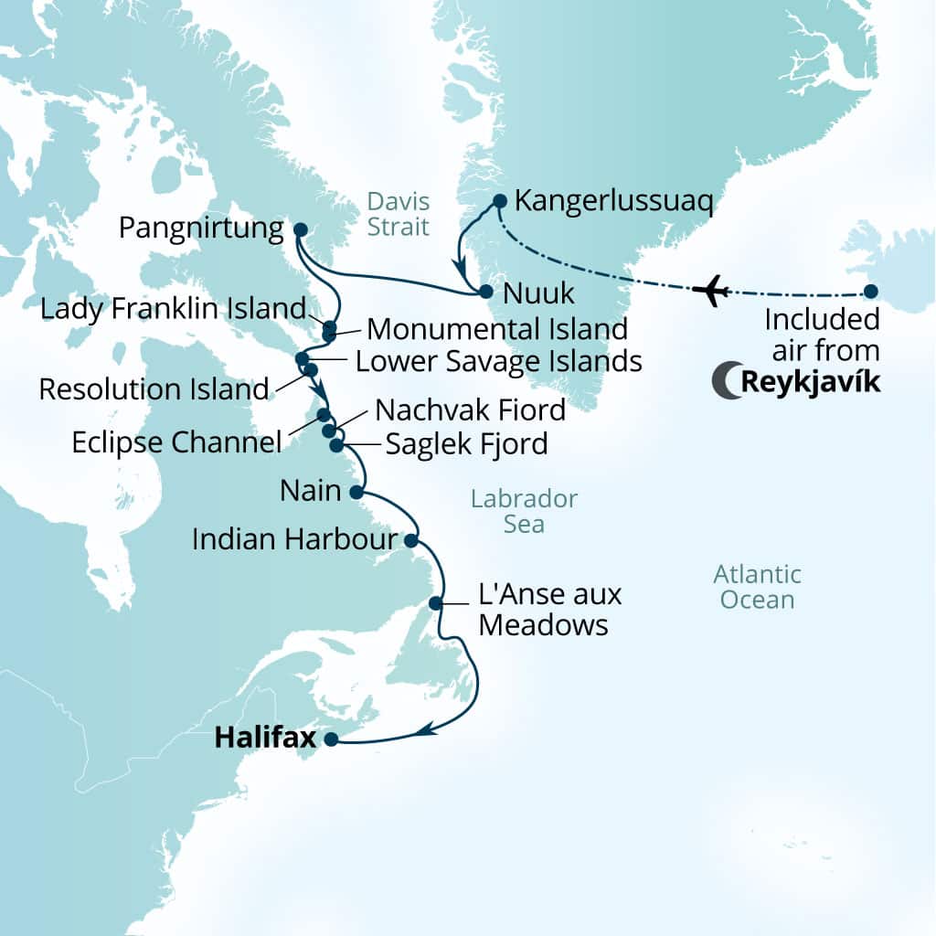 Carte de l’itinéraire Seabourn Venture, Reykjavík, Islande → Halifax, Nova Scotia, Canada