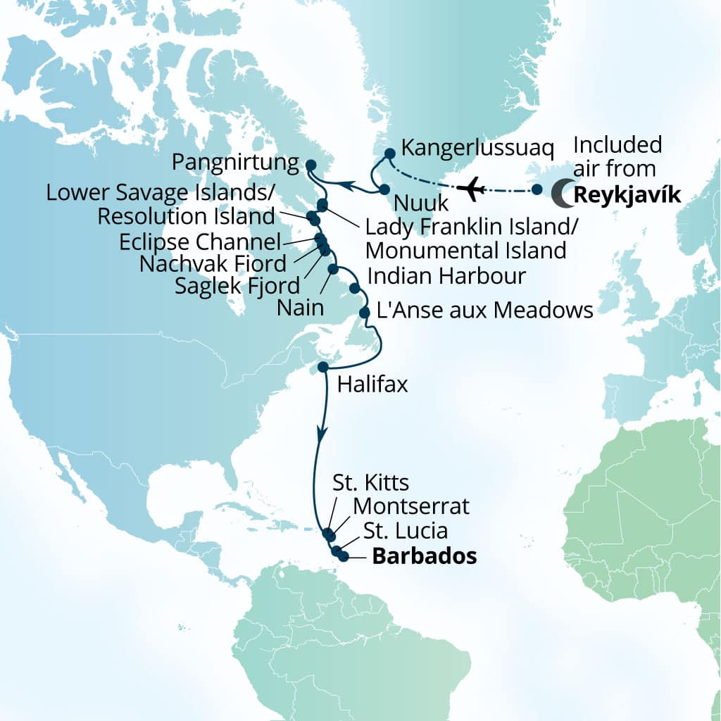 Carte de l’itinéraire Seabourn Venture, Reykjavík, Islande → Bridgetown, Barbados