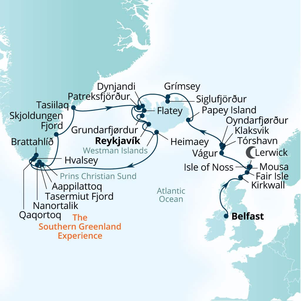 Carte de l’itinéraire Seabourn Venture, Belfast, Northern Irlande, Royaume-Uni → Reykjavík, Islande