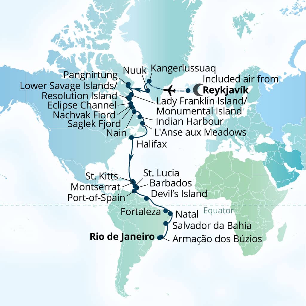 Carte de l’itinéraire Seabourn Venture, Reykjavík, Islande → Rio de Janeiro, Brésil