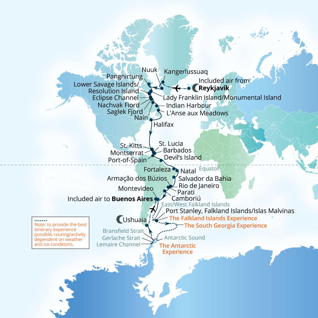 Carte de l’itinéraire Seabourn Venture, Reykjavík, Islande → Buenos Aires