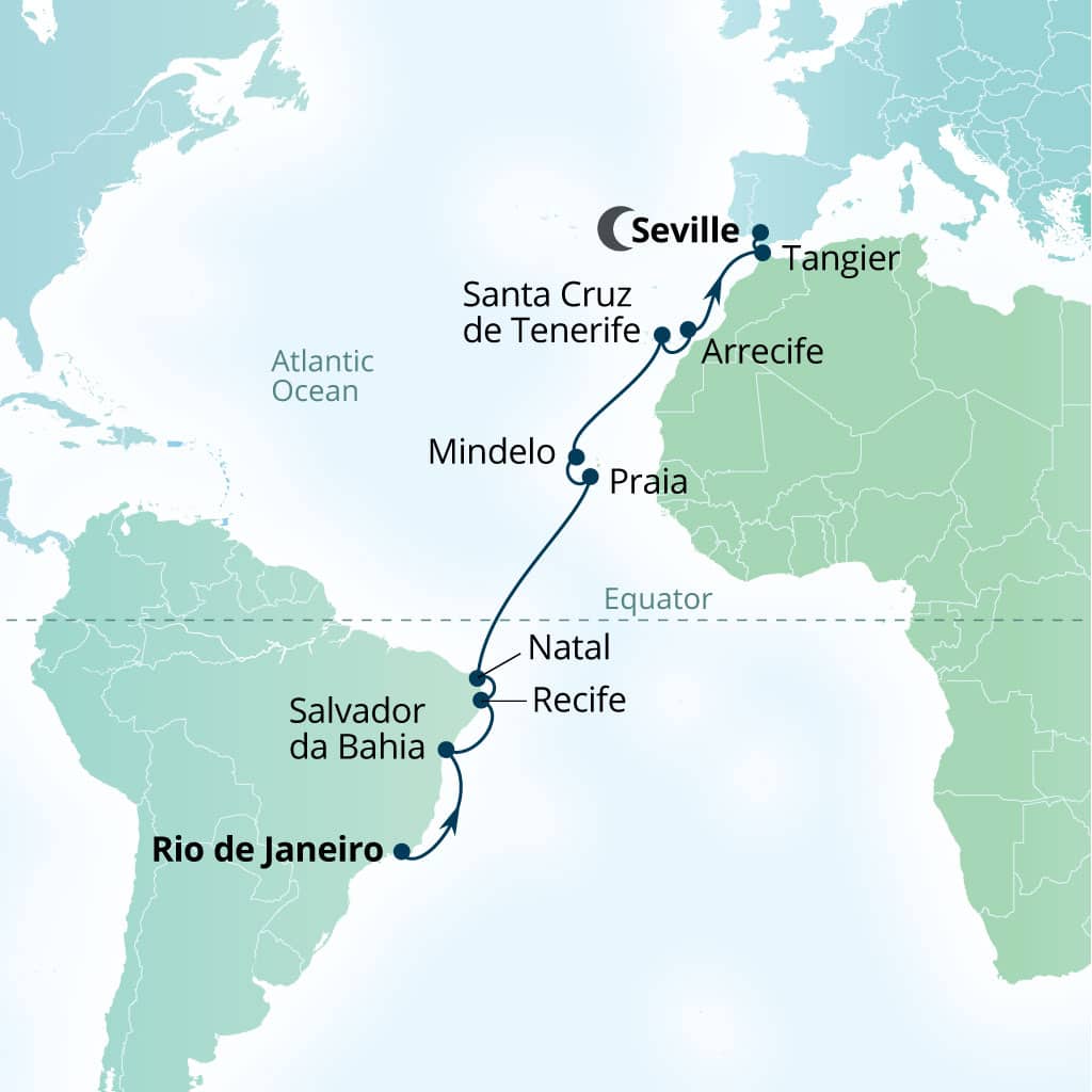 Carte de l’itinéraire Seabourn Venture, Rio de Janeiro, Brésil → Séville, Espagne