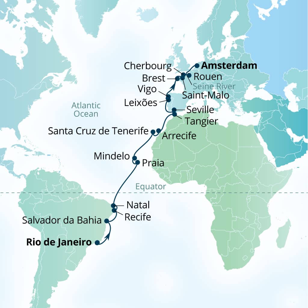 Carte de l’itinéraire Seabourn Venture, Rio de Janeiro, Brésil → Amsterdam, Pays-Bas