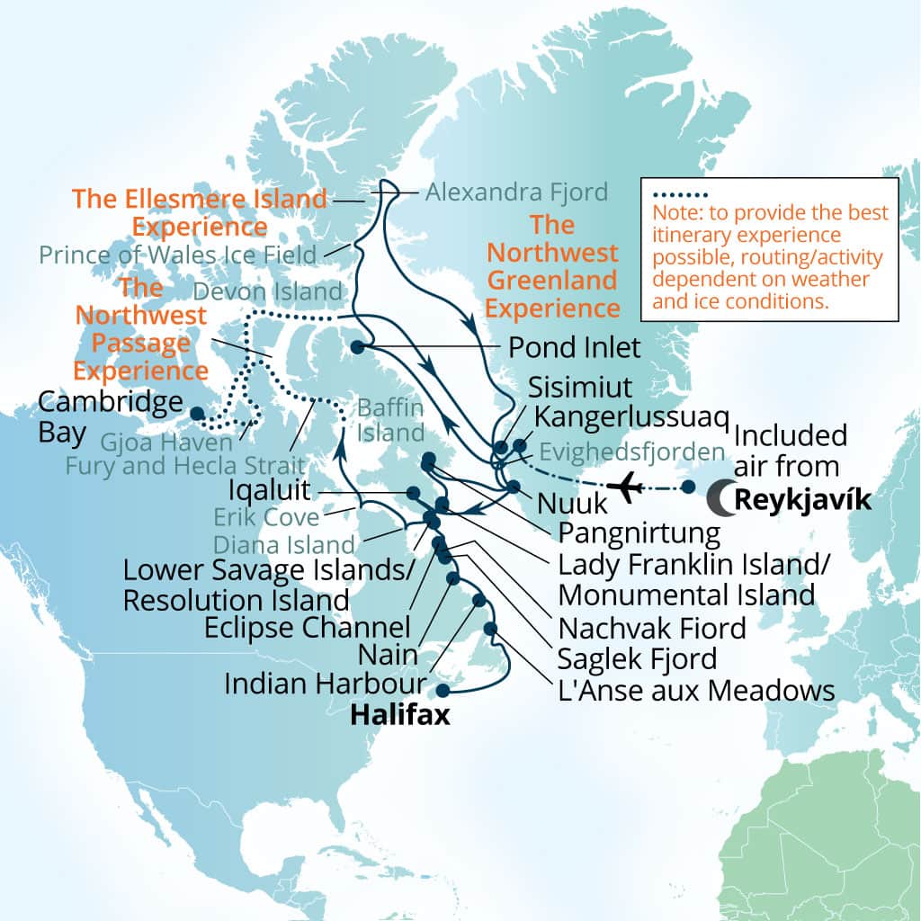 Carte de l’itinéraire Seabourn Venture, Reykjavík, Islande → Halifax, Nova Scotia, Canada