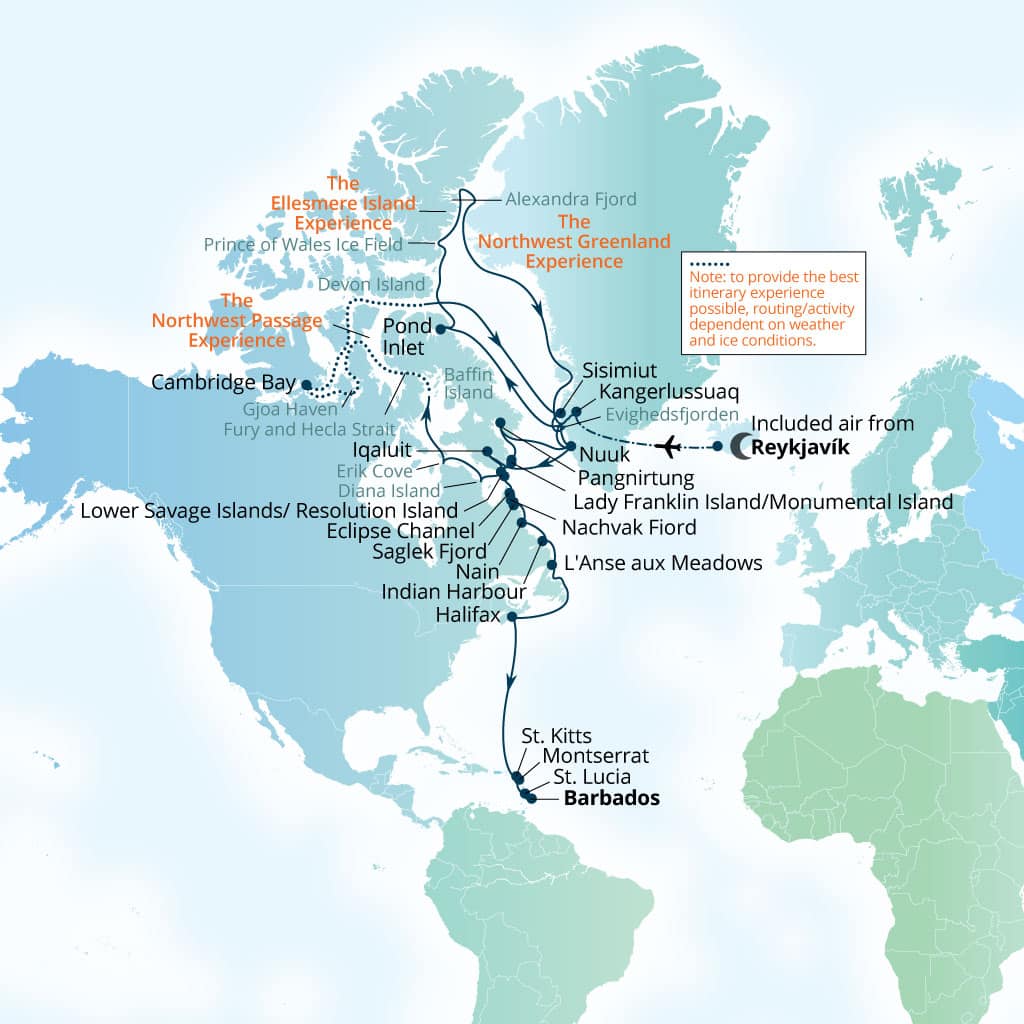 Carte de l’itinéraire Seabourn Venture, Reykjavík, Islande → Bridgetown, Barbados
