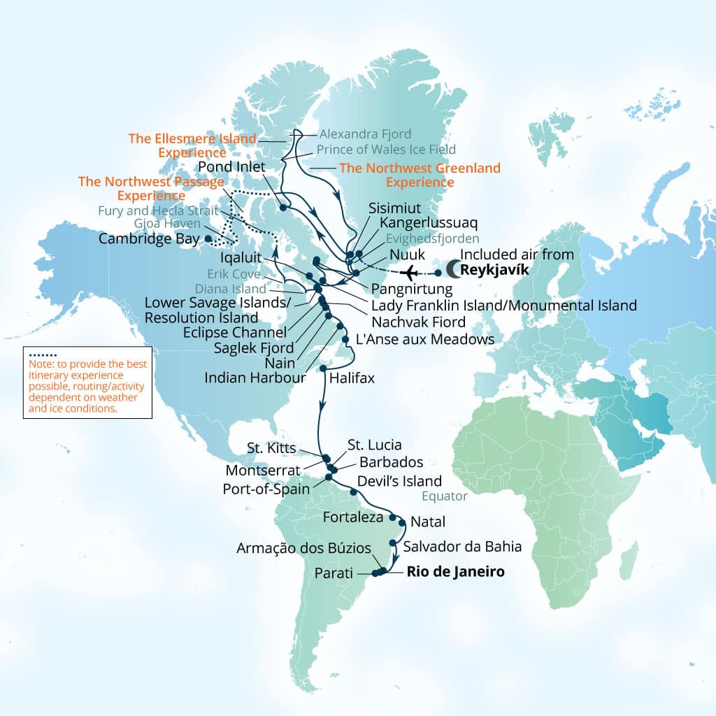 Carte de l’itinéraire Seabourn Venture, Reykjavík, Islande → Rio de Janeiro, Brésil