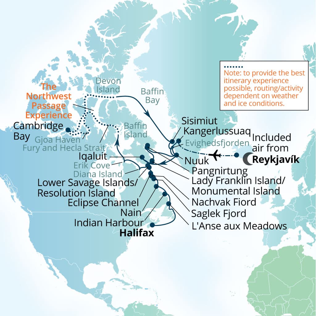 Carte de l’itinéraire Seabourn Venture, Reykjavík, Islande → Halifax, Nova Scotia, Canada