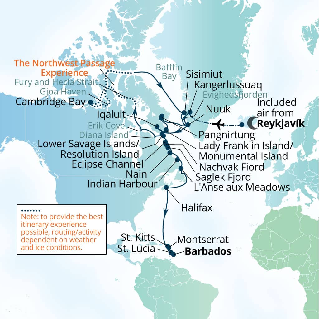 Carte de l’itinéraire Seabourn Venture, Reykjavík, Islande → Bridgetown, Barbados