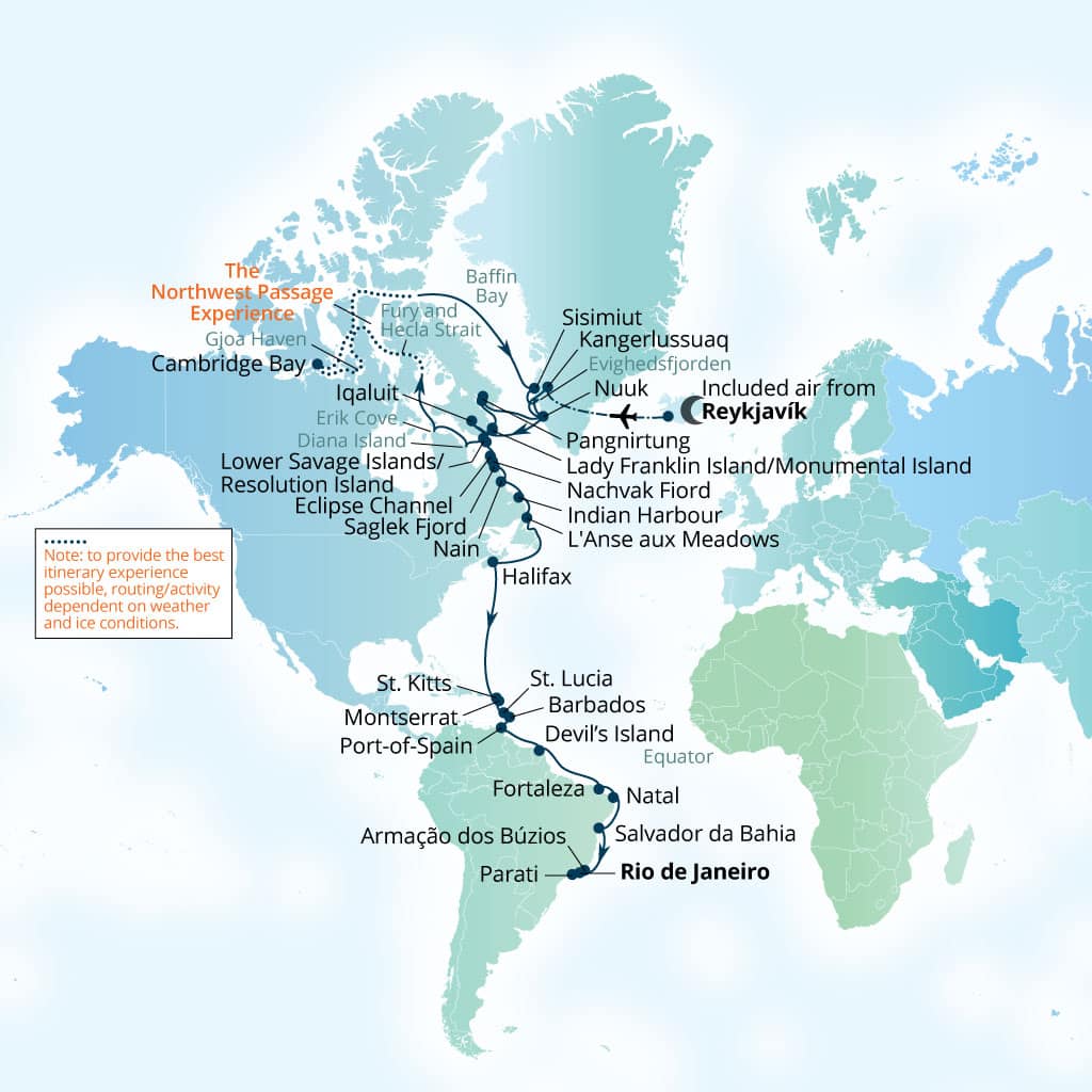 Carte de l’itinéraire Seabourn Venture, Reykjavík, Islande → Rio de Janeiro, Brésil
