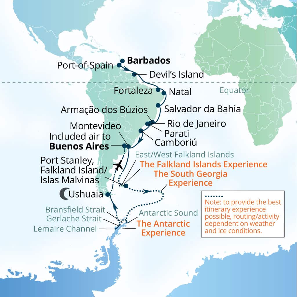 Carte de l’itinéraire Seabourn Venture, Bridgetown, Barbados → Buenos Aires