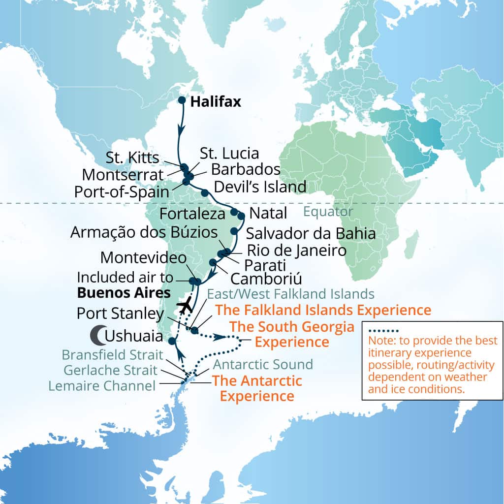 Carte de l’itinéraire Seabourn Venture, Halifax, Nova Scotia, Canada → Buenos Aires