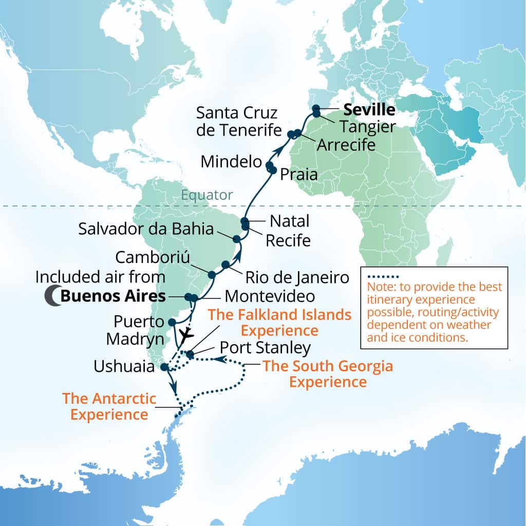 Carte de l’itinéraire Seabourn Venture, Buenos Aires → Séville, Espagne