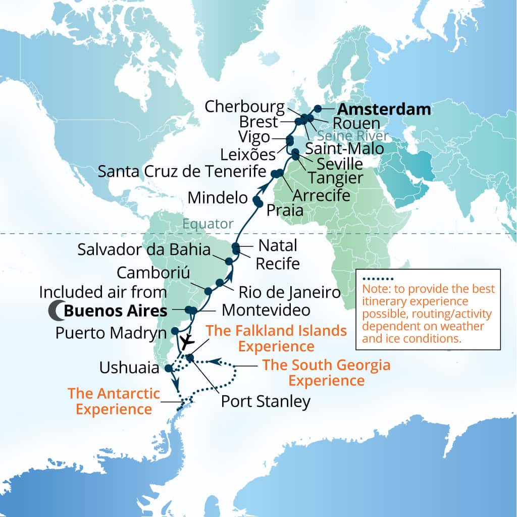 Carte de l’itinéraire Seabourn Venture, Buenos Aires → Amsterdam, Pays-Bas