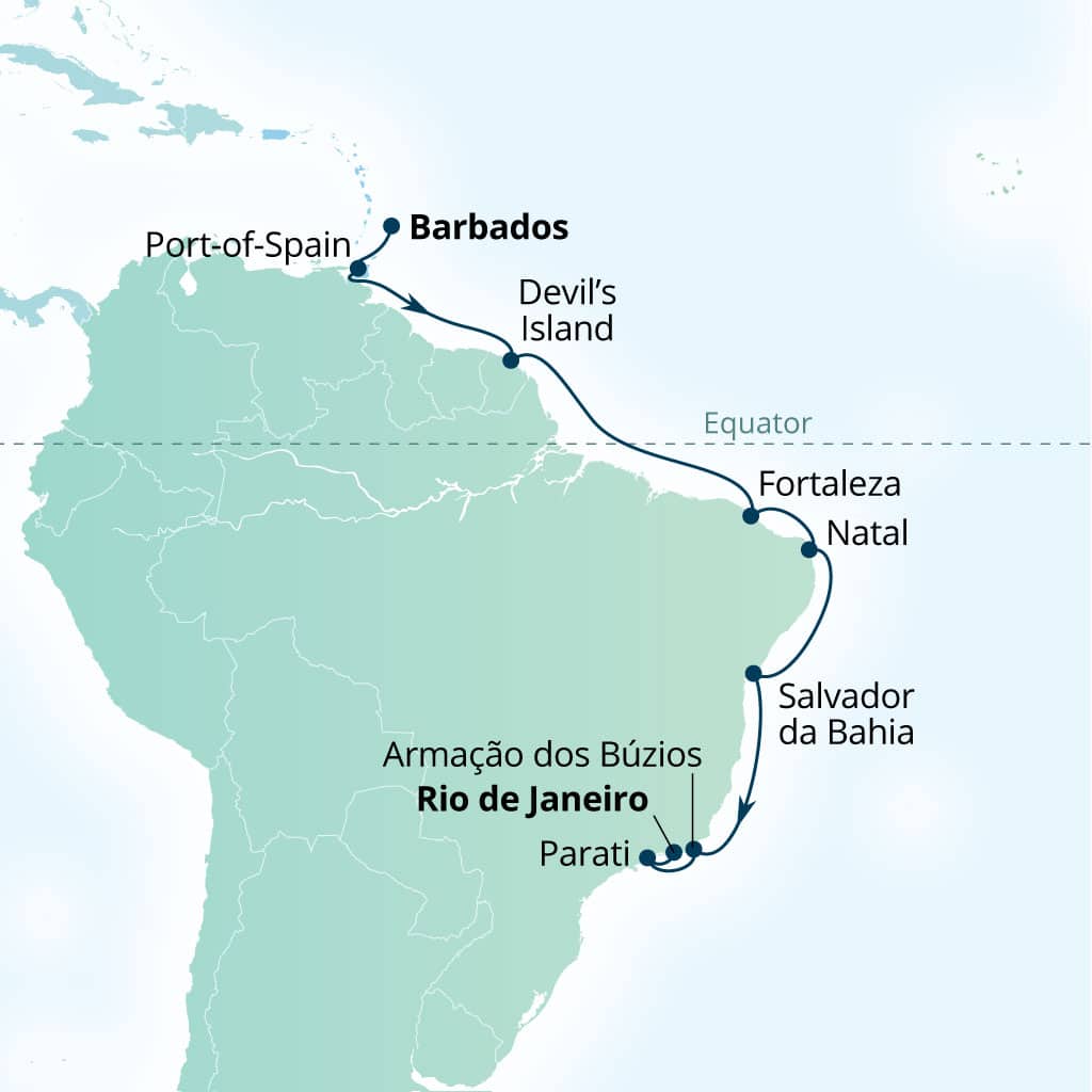 Carte de l’itinéraire Seabourn Venture, Bridgetown, Barbados → Rio de Janeiro, Brésil
