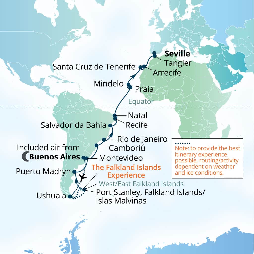 Carte de l’itinéraire Seabourn Venture, Buenos Aires → Séville, Espagne
