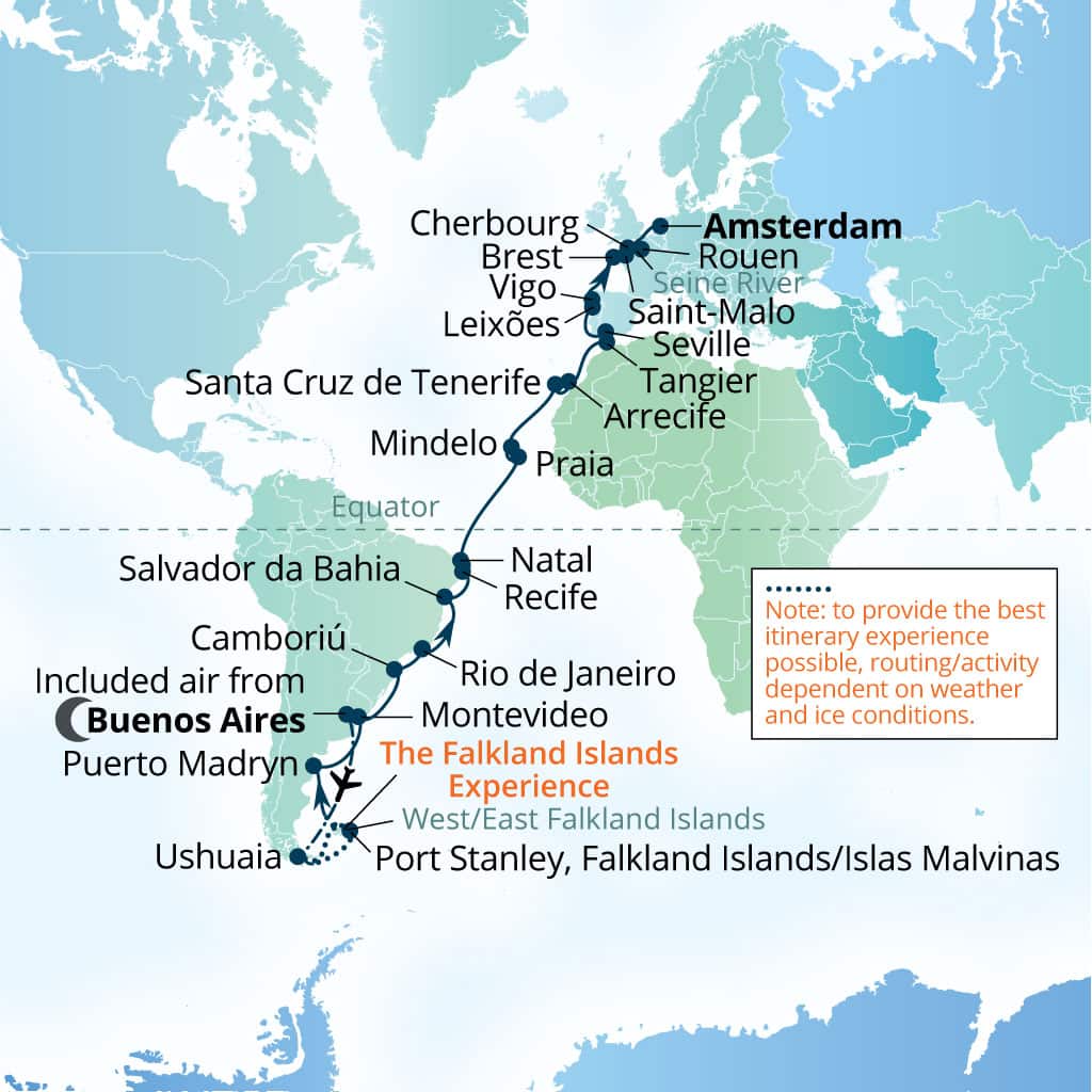 Carte de l’itinéraire Seabourn Venture, Buenos Aires → Amsterdam, Pays-Bas