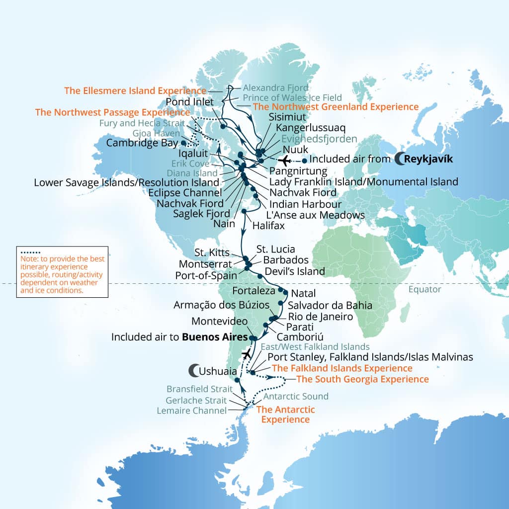 Carte de l’itinéraire Seabourn Venture, Reykjavík, Islande → Buenos Aires