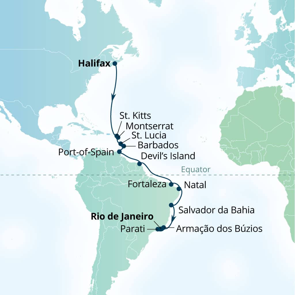 Carte de l’itinéraire Seabourn Venture, Halifax, Nova Scotia, Canada → Rio de Janeiro, Brésil