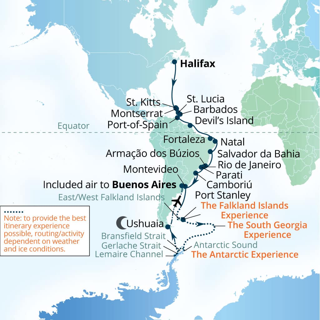 Carte de l’itinéraire Seabourn Venture, Halifax, Nova Scotia, Canada → Buenos Aires